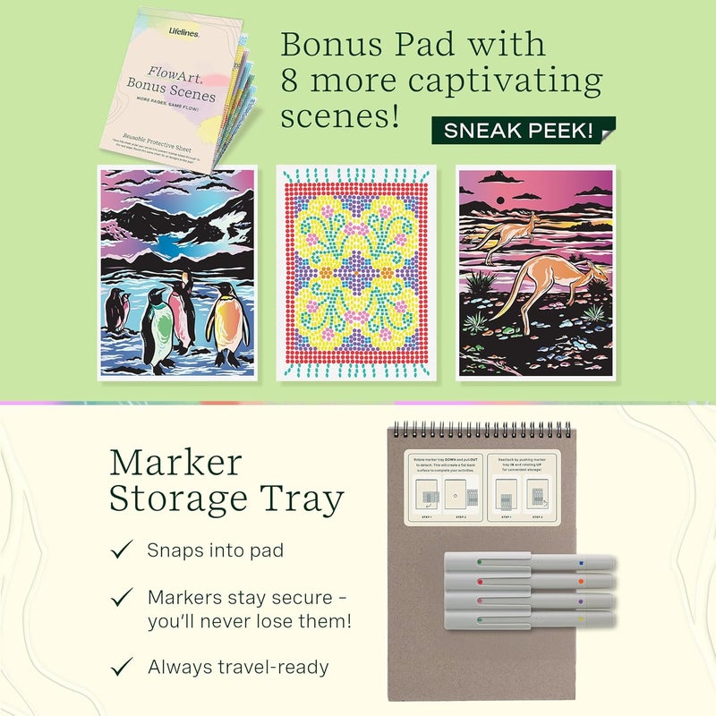 LifeLines FlowArt Activity Pads, 2-Pack with 8 Double-Sided Markers, 40 Scenes & Bonus Pad - Guided Dot Art Meditations - Stamp-by-Shape & Hidden Patterns Coloring Books for Tweens, Adults & Seniors - Image 5